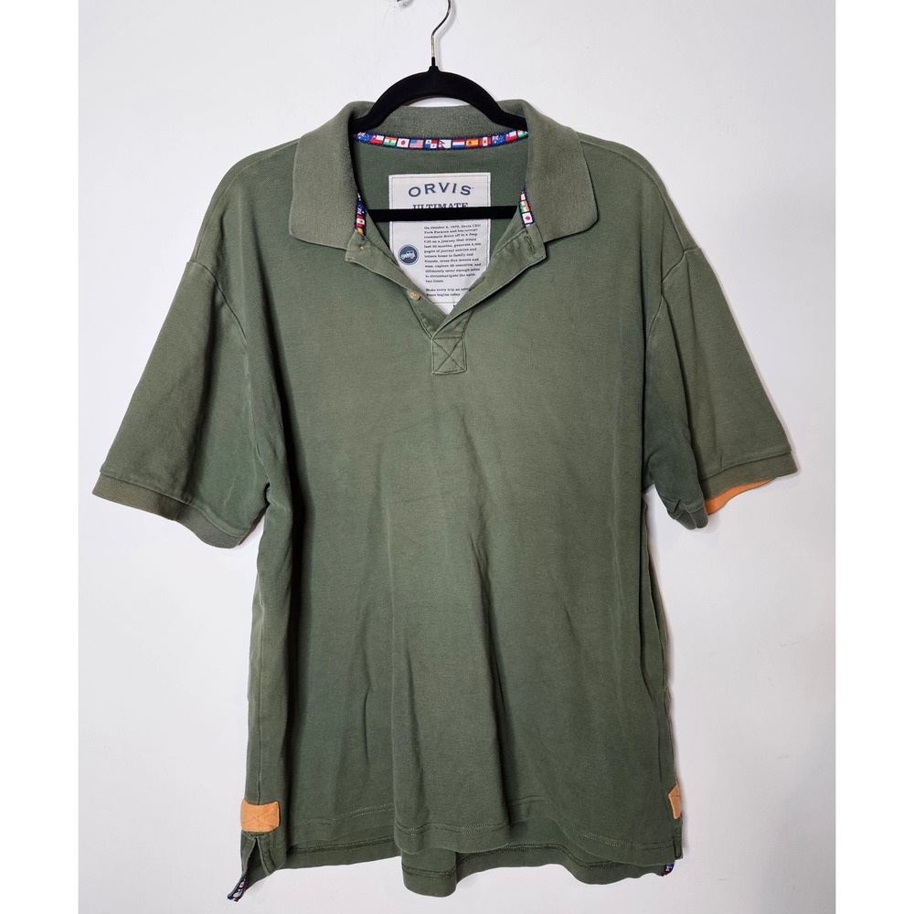 Orvis Ultimate Polo Vtg Shirt Flags‎ Collar Short Sleeve Olive Green Cotton L